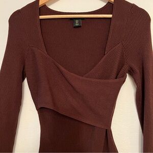 House Of Harlow 1960 Brown Micro Ribbed Stretchy Crossover Front Body Suit Sm